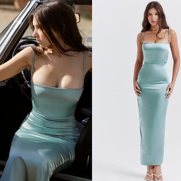 costanza satin maxi dress HOUSE OF CB/ HIRE Costanza Vintage Cream Maxi Dress One Night Stand Designer Dress Hire
